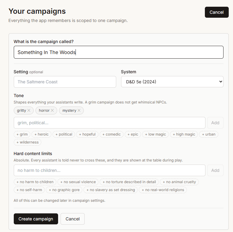 The new campaign form, with name, system, setting and tone