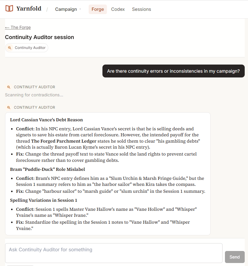 The continuity auditor listing contradictions it found