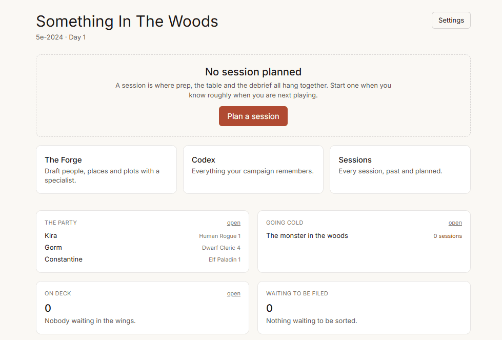 The campaign dashboard showing the next step and the three rooms