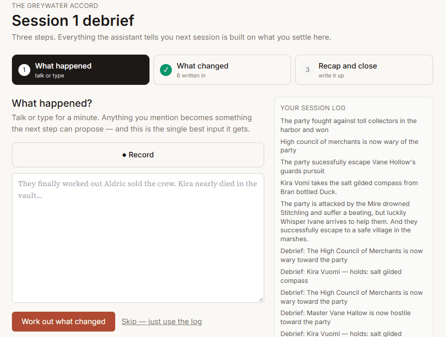 The dashboard offering Debrief it on a played session