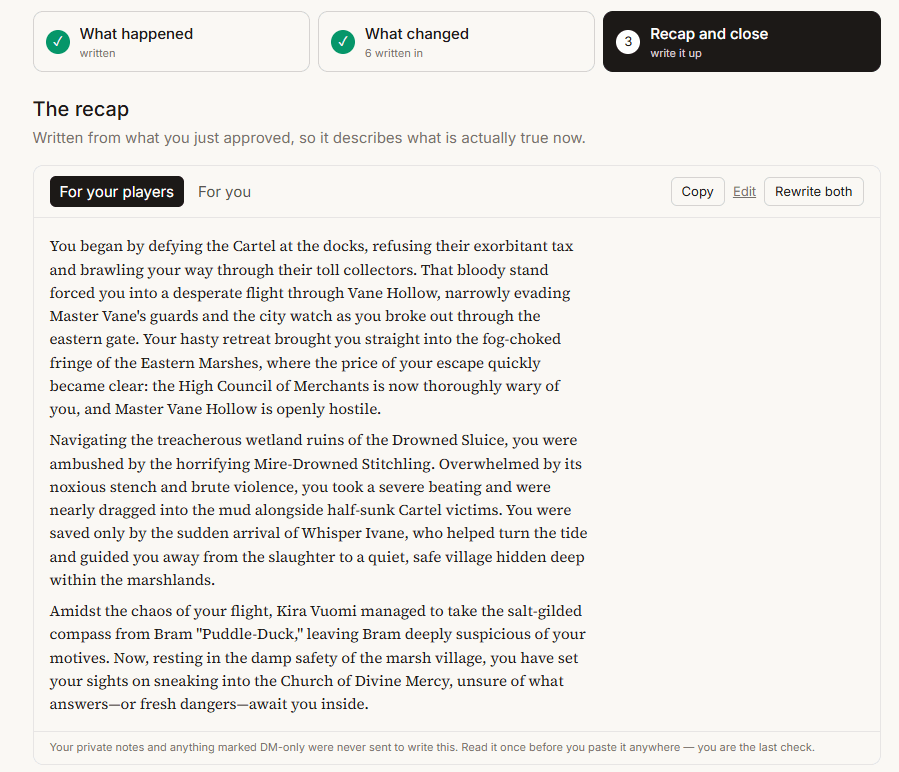 Two recaps side by side, one for the DM and one for players