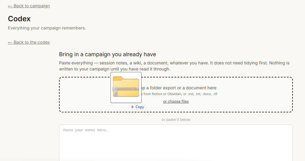 A vault zip being dragged onto the import page