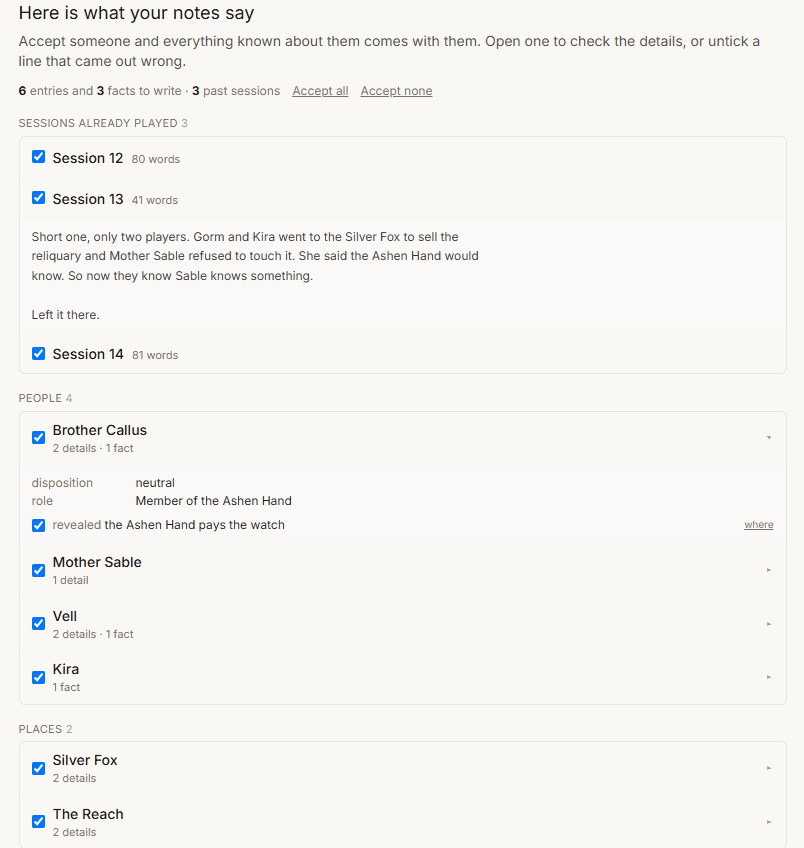 The review screen with facts nested under each entity